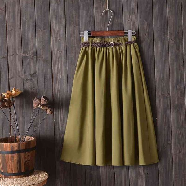 

knee length summer skirt women with belt fashion korean ladies high waist pleated a-line school skirt female 210426, Black