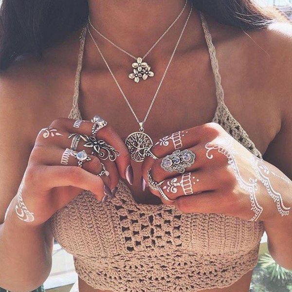 

pcs/set bohemian flower tree hollow silver color pendant necklace women long fashion girl birthday gift necklaces
