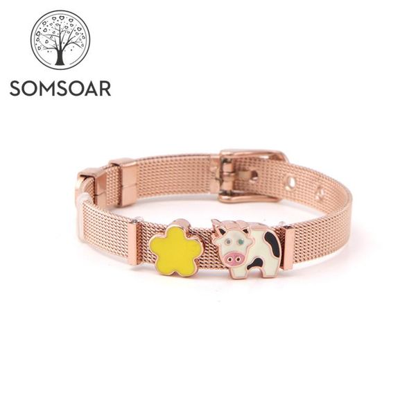 

charm bracelets drop somsoar jewelry 8mm width rose gold milk cow and yellow flower slide mesh bracelet set kids child, Golden;silver