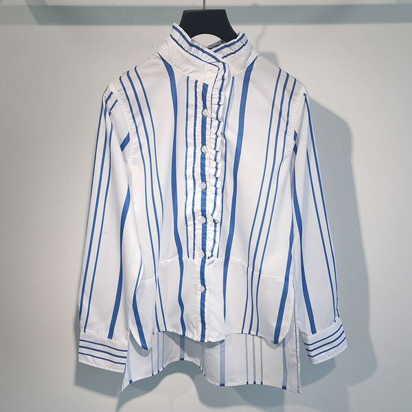 

shirt 2021 autumn and winter female wood ears stand collar color matching striped ubmd, White