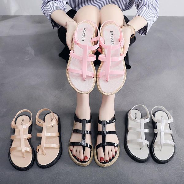 

summer flats bottom women sandals fashion ankle strap waterproof platform beach jelly shoes korean student plastic hole, Black
