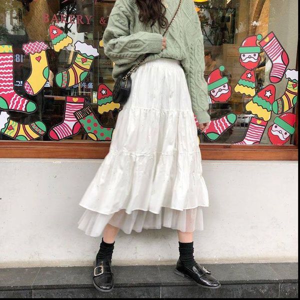 

ybyr midi cute mesh tutu womens skirts pleated harajuku girls splicing a line elastic high waist black white long