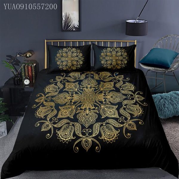 

bedding sets bohemian duvet cover set gold painted flower pattern quilt for kids girls black 2/3pcs single  custom size