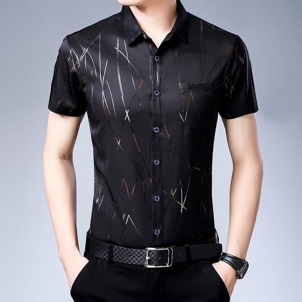 

men's dress shirts summer short sleeve men silk cotton fashion print slim fit camisa masculina casual clothing c778, White;black