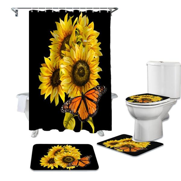 

shower curtains sunflower butterfly illustration black curtain set with rug bath mat bathroom toilet lid cover home decoration