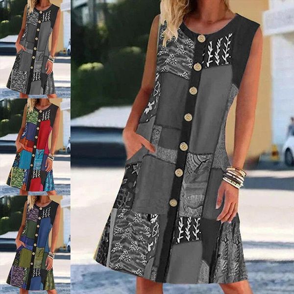 

fashion summer round neck sleeveless womens dress printed contrast pocket beach party dresses for women, Black;gray