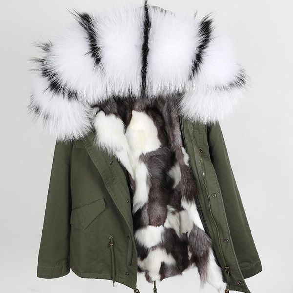 

women's fur & faux brand 2021 parka winter jacket women natural raccoon collar loose sliver liner short coat fashion real, Black
