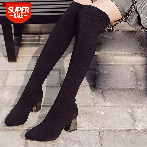 

women's autumn boots thigh high boots over the knee knee high heels flock square heels stretch fabric botas de mujer #qe5m, Black