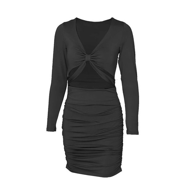 

women's hollow out solid color v-neck fashion long sleeve, Black;gray