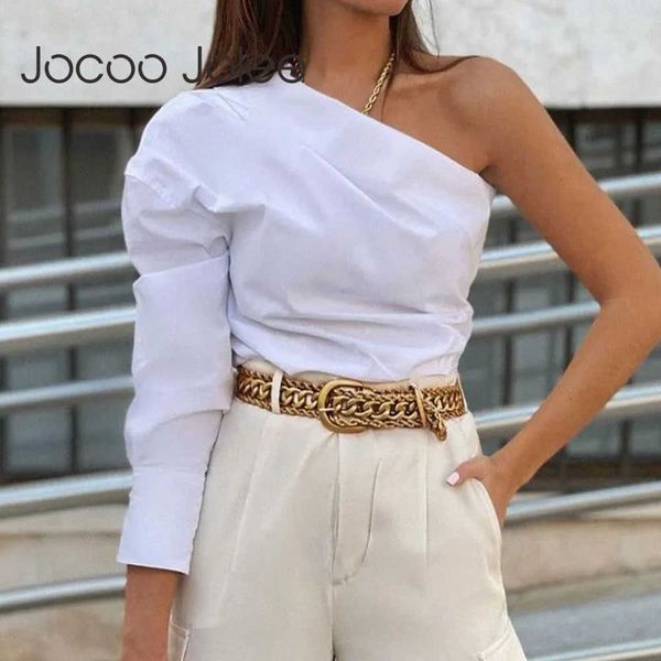 Jogoo Janee mulheres elegante um ombro branco camisa sexy manga longa Único-breasted blusas e tops simples túnica chique 210619