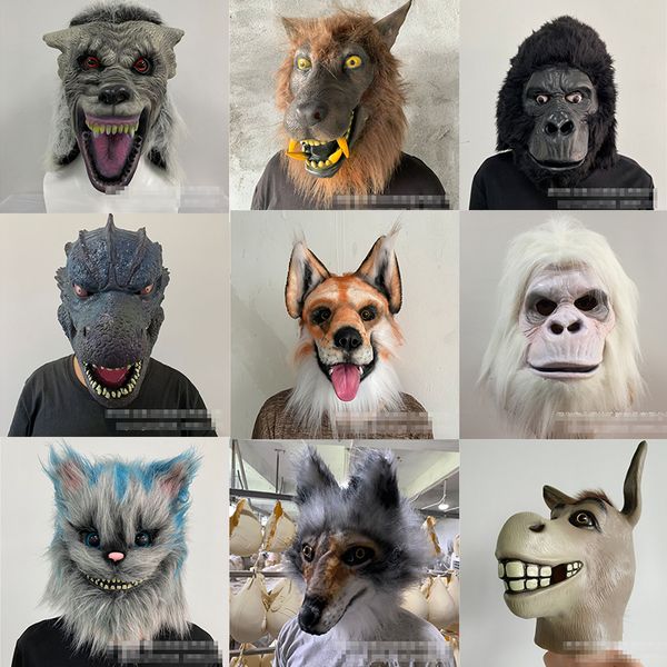 

donkey orangutans wolves dinosaur and fox headgear horror halloween cosplay medium size latex mask with fake hair size jkl153, Silver