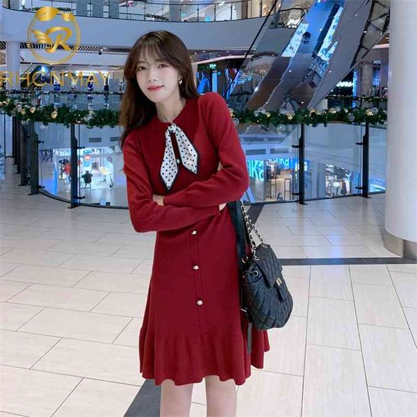 Herbst und Winter Korea Frauen elegante knielange Kleid Fliege Hals Dame stricken Casual Langarm Vestidos 210506