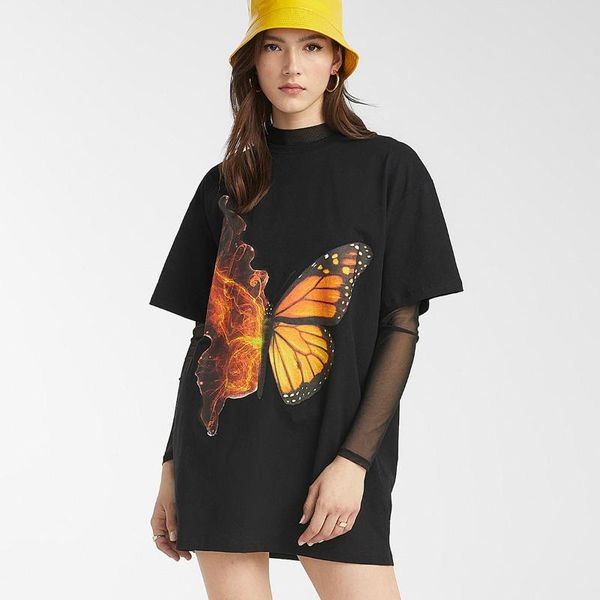 

women's t-shirt fashion flame butterfly tee shirt women summer short sleeve black loose long t woman casual streetwear oversize 2021, White