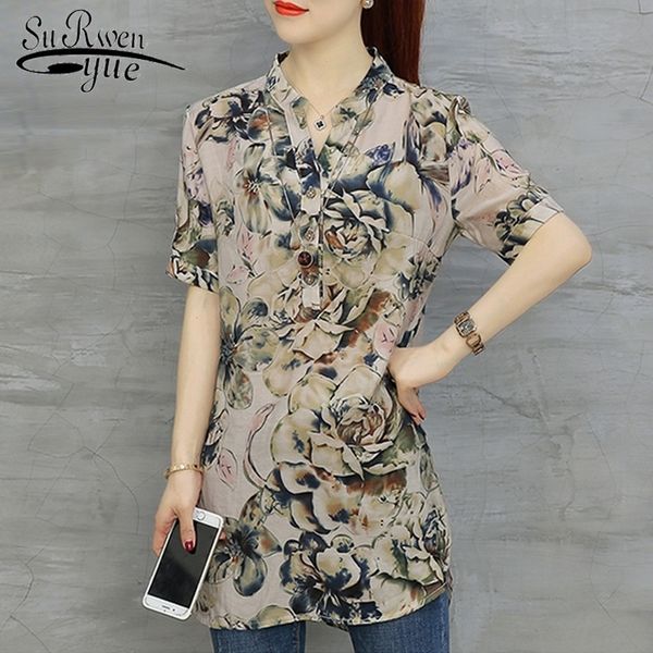 Мода женщина блузки 2021 с коротким рукавом длинные летние топы цветочные печать шифоновая блузка рубашка женские топы и блузка Blusas D532 40 210317