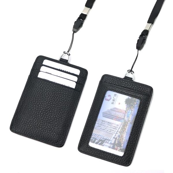 

card holders genuine leather lanyard holder for men women id work with, Brown;gray