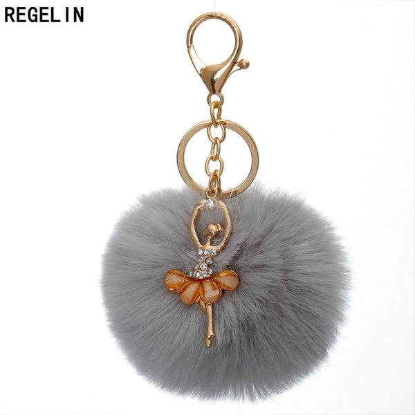 

regelin dancing angel girl fluffy pompom keychains fake rabbit fur ball keychain women bag charms jewelry gift pompom keychain, Silver