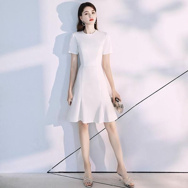 

casual dresses white elegant o-neck short banquet gown office lady temperament exquisite formal party dress sweet a-line s-xxxl, Black;gray
