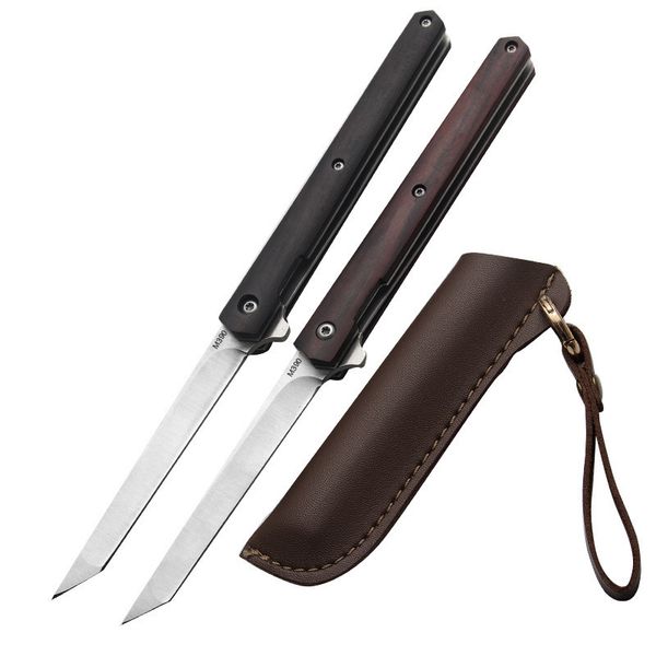 

m390 steel folding with holster wooden handle portable pocket hunting knife outdoor camping survival tools