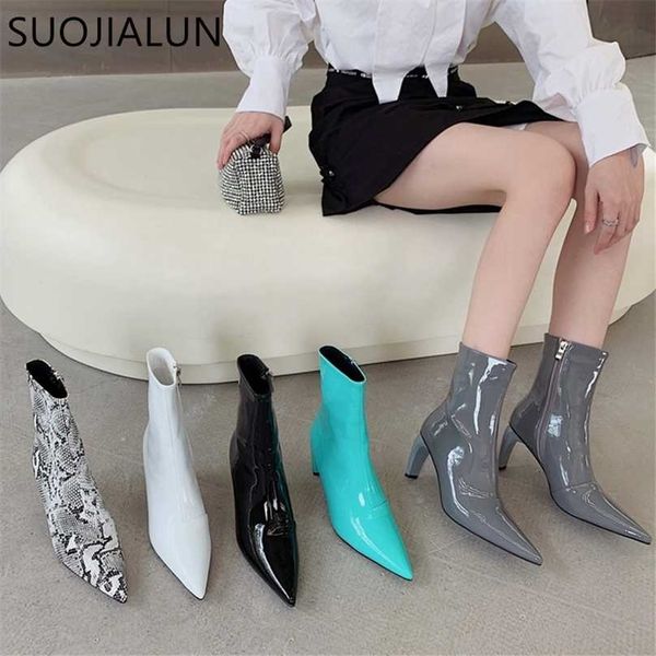 

suojialun pointed toe square high heel boots fashion ladies elegant chelsea ankle zipper winter short 211105, Black