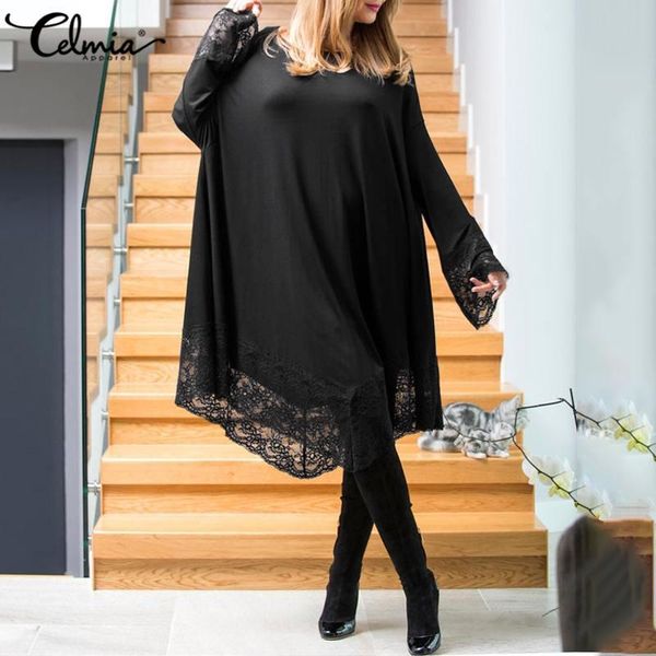 

casual dresses see through lace dress celmia 2021 autumn women long shirt midi female sleeve loose asymmetrical vestidos robe, Black;gray