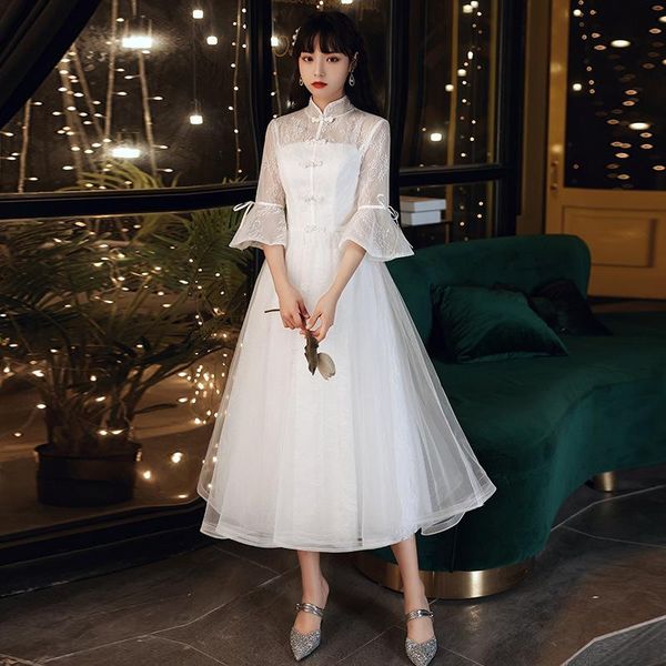 

lady elegant mandarin collar banquet dresses white sweet bow exquisite lace ball gown temperament chinese formal party dress ethnic clothing, Red