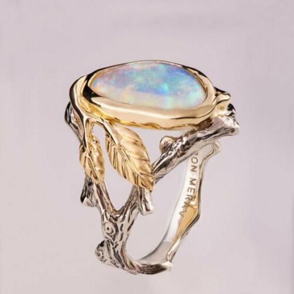 

wedding rings vintage opal ring novel golden leaves retro branches inlaid men women fire moon stone engagement, Slivery;golden
