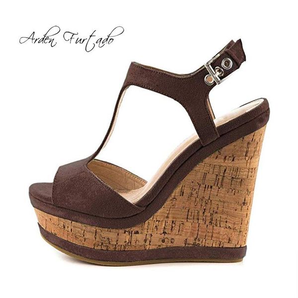 

arden furtado 2021 summer high heels 15cm platform peep toe woman shoes ladies large size 43 brown wedges sandals, Black