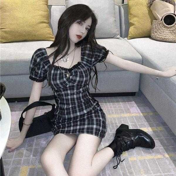 

plaid dress black women's 2021 summer slim mesh dress