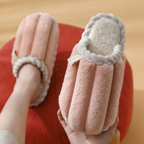 

slippers autumn winter home warm slides for woman plush faux fur fashion ladies mens indoor anti-slip flat shoes, Black