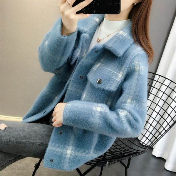 

tees imitation of female mink short coat korean spring loose chess woman's cardigan nightgown casual single-breasted f2694 iojk, White