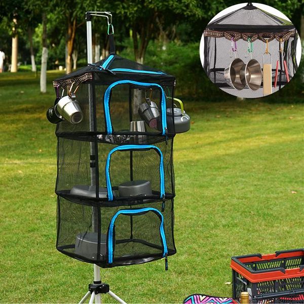 

layers outdoor folding square mesh dryer hanging camping storage basket with zippers laundry & organization