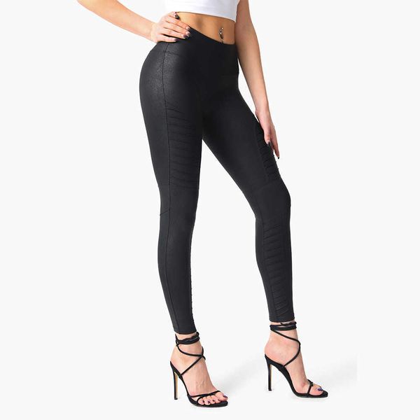 

women's pants capris hip lifting slim fitn's wrinkled high waist elastic leather pants, Black;white