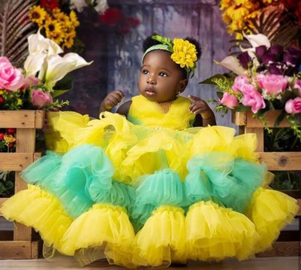 

2021 yellow tiers ball gown tutu flower girl dresses fashion tulle elegant lilttle kids birthday pageant weddding gowns, White;blue