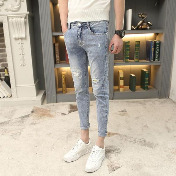 

men's jeans wholesale 2021 fashion social ankle length korean skinny men handsome ripped trendy all-match pencil pants, Blue