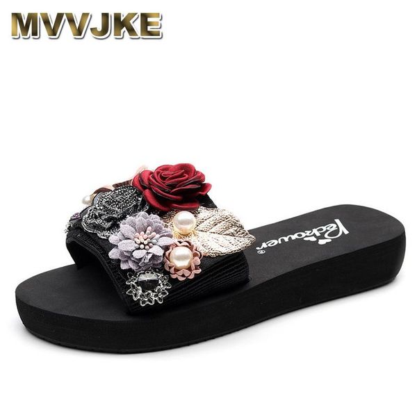 

fashion beach shoes women summer high platform sandals waterproof wedge handmade slippers flower, Black