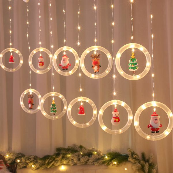 Рождественские украшения занавес строки светло-круглые кольца Санта мультфильм висит окна огни USB силовые теплые белые струны для новогодней комнаты магазин отель декор