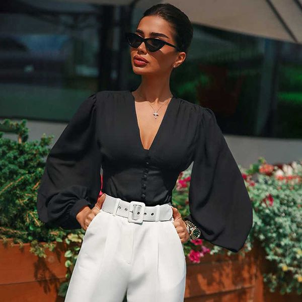 

women's blouses & shirts autumn women deep v-neck high waist lantern sleeve fashion wild single-breasted solid blouse 427g, White