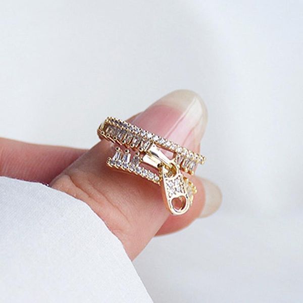 

cluster rings trendy exquisite 14k real gold zipper shape for women designer jewelry adjustable open micro inlay zirconia party gift, Golden;silver