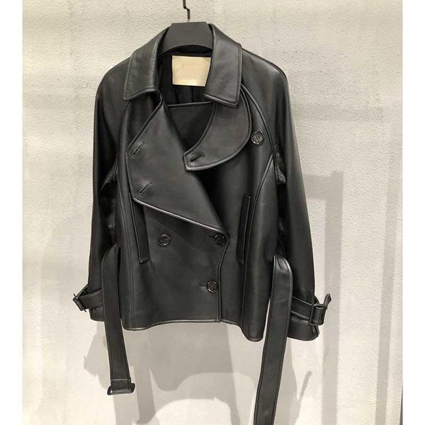 

autumn winter women 2021 genuine leather bomber jacket sheepskin casual outwear double breasted with belt plus size women's jackets, Black;brown