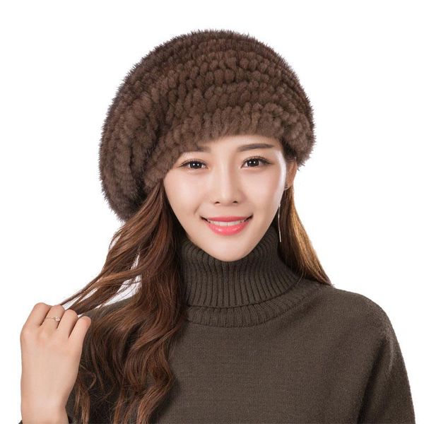 

beanies women's fur beret hat mink knitted fashion warm velvet cap