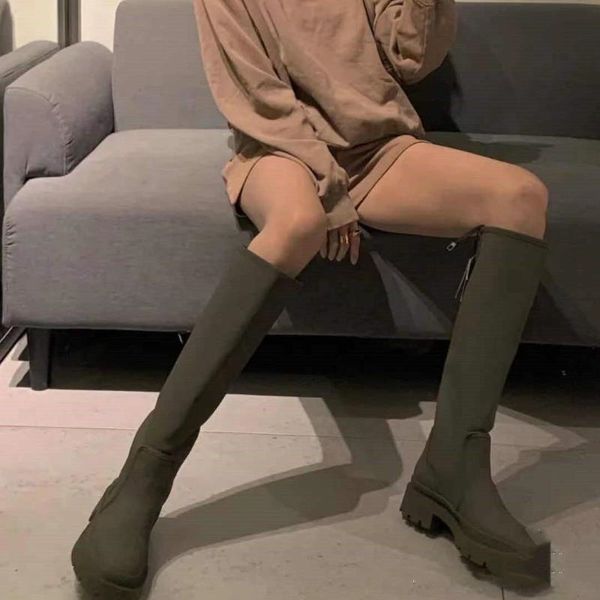 

boots 2021 round toe platform women knee high slip on casual chunky heel long designer winter shoes, Black