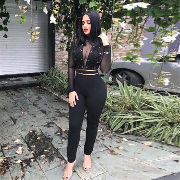 

autumn black bodycon womens jumpsuit lace long sleeve elegant mesh splicing club, Black;white