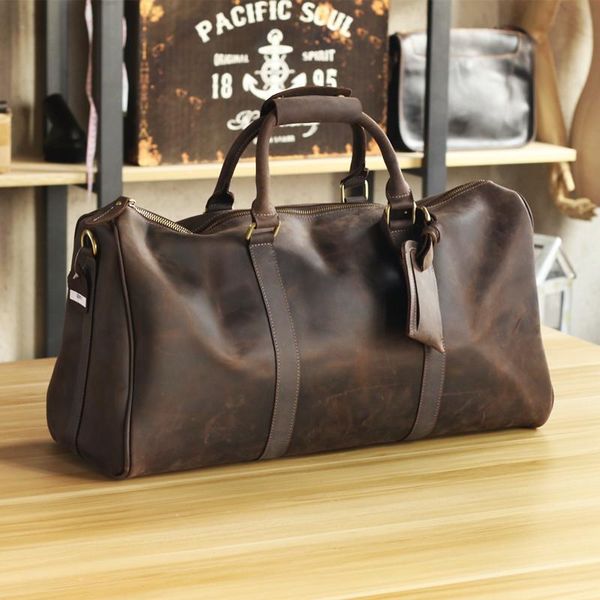 

vintage high grade genuine leather men handbag pure handmade crazy horse big volume men's travel bags duffel