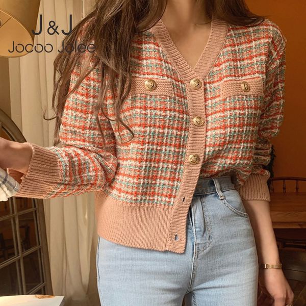 

jocoo jolee vintage single-breasted cropped cardigans elegant plaid knitted cardigan women sweater casual harajuku sweaters 210518, White;black