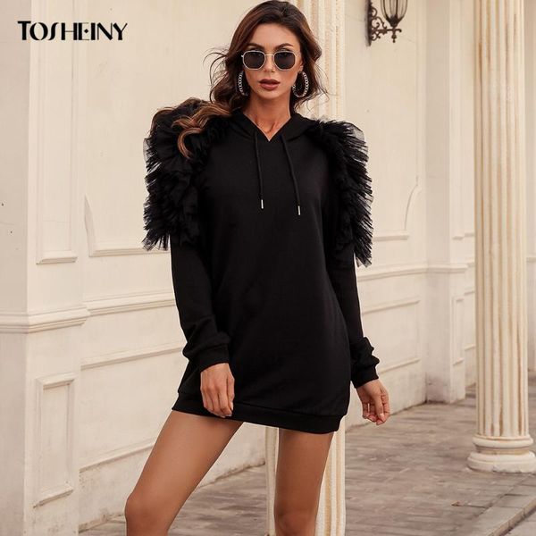 

women's hoodies & sweatshirts tosheiny women ruffles long sleeve mini dress fashion solild color casual hooded sweatshirt mm3164-1, Black