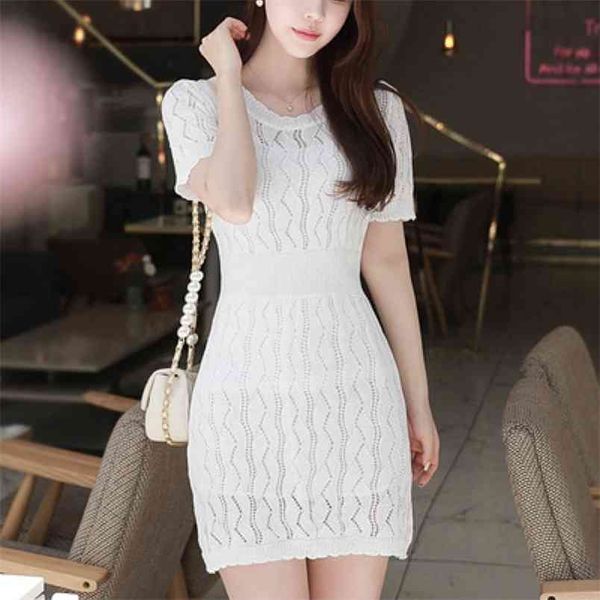 Vestido de Verão Mulheres Casual Malha Branco Escritório Coreano Lady Bodycon Lápis Bainha Elegante Simples Vestidos 210514