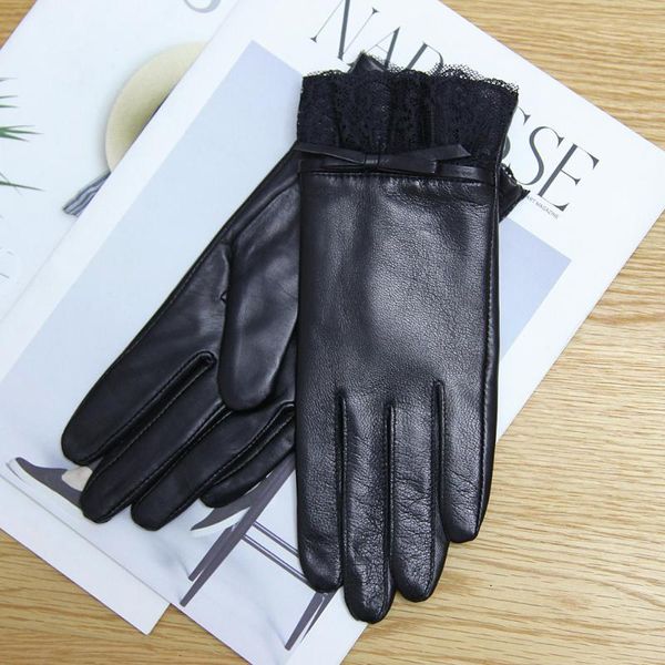 

five fingers gloves leather female genuine winter plushed lined thicken thermal lace wrist driving women sheepskin el072pc2, Blue;gray
