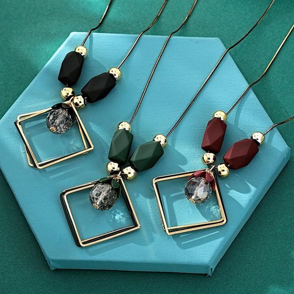 

pendant necklaces crystal ball pendants for women geometric square statement colar black gold chain long sweater necklace kolye dropship, Silver