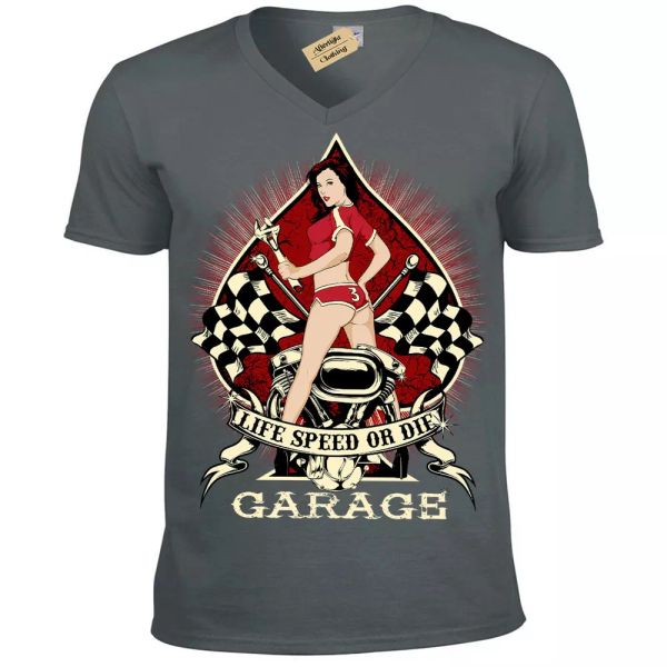 

life speed or die t-shirt garage pinup od mens v-neck, White;black