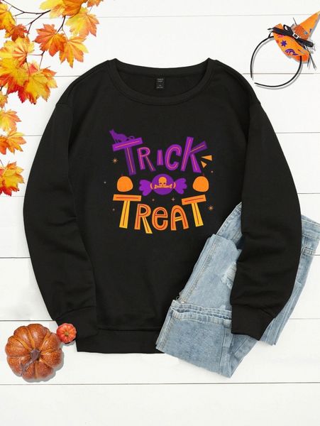 

plus halloween candy & slogan graphic drop shoulder pullover c27j#, Black